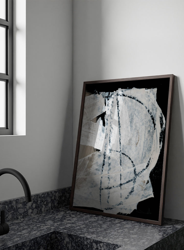Shop Mind No.02 by Dan Hobday, an abstract wall art print poster featuring sweeping white brushwork, black contrast, and soft blue-beige texture.