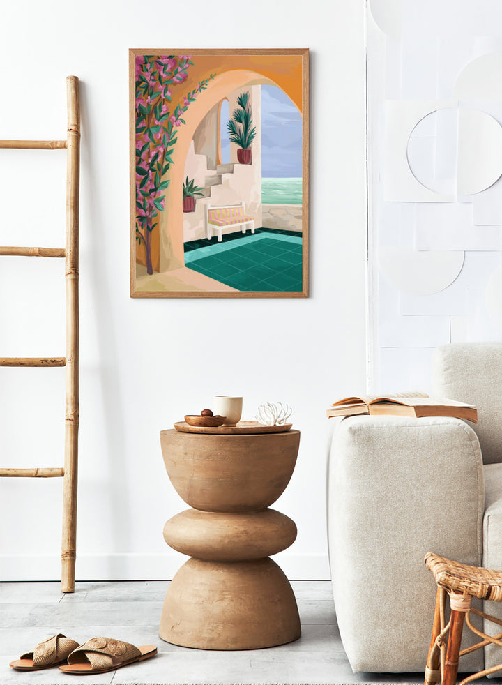 Decorative interior scene with an arch, bench, and ocean view. Bench with a View by Goed Blauw is a coastal art print and wall poster featuring an arched terrace, striped bench, and ocean view with warm tones.