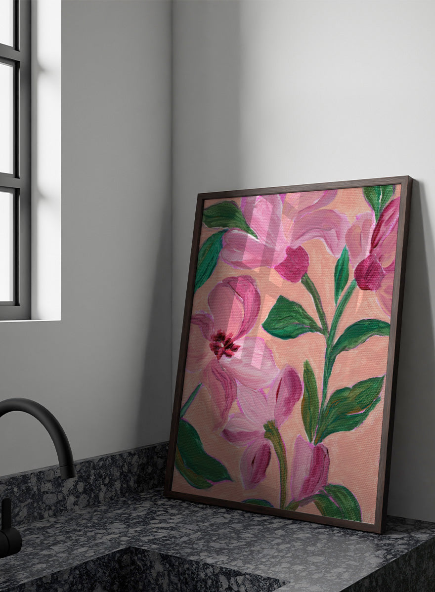 Shop Vibrant Pink Blooms by Nikita Jariwala, a floral wall art print poster featuring oversized pink flowers, lush green leaves, and a bold botanical composition.