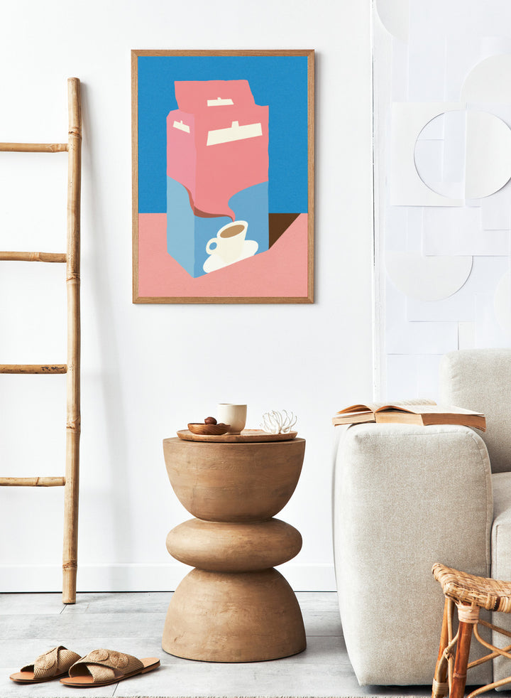 Illustration of a pink milk carton pouring into a white cup on a blue background. Illustration of a pink milk carton pouring into a white cup on a blue background. Crema E Gusto Dolce by Rosi Feist is a minimalist coffee bag kitchen art print with Bauhaus-inspired color. Officially licensed modern poster with framing.