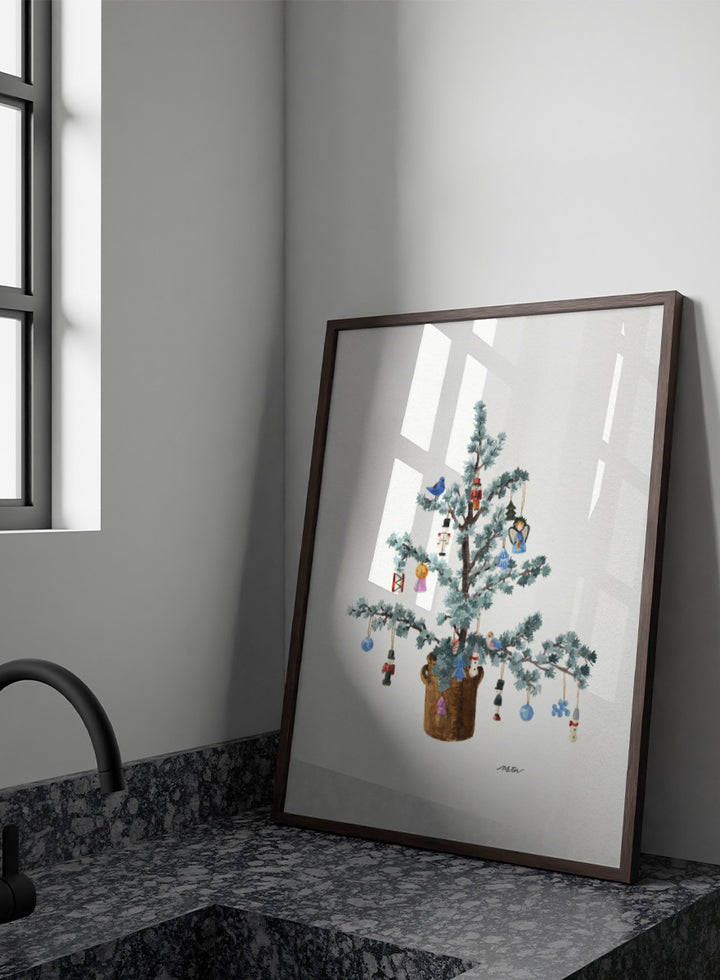 Shop Potted Festive Christmas Tree by NKTN, a Christmas wall art print poster featuring a decorated tree with nutcrackers, birds, bells, and vintage ornaments.