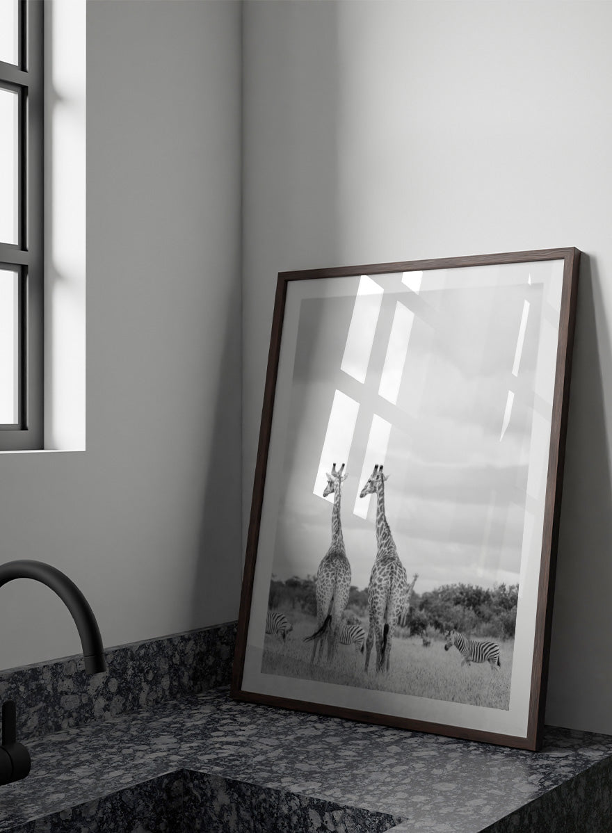 Black and white photographic art print depicting two giraffes in a savanna landscape with zebras and trees under a cloudy sky. Super Safari by Shot by Clint black-and-white wildlife photography print featuring two giraffes standing among zebras in the South African grasslands.