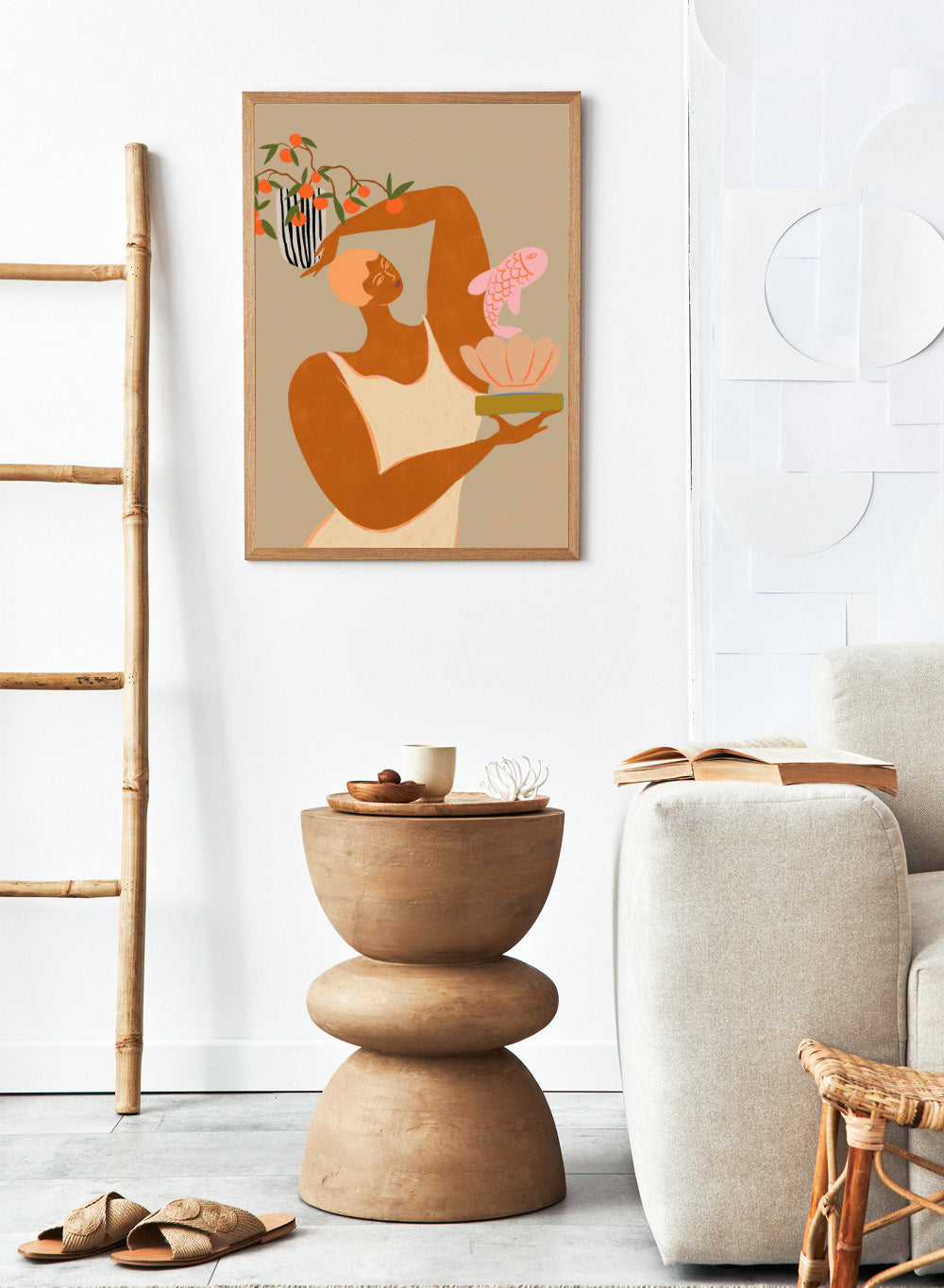 Illustration of a person holding a shell with a fish and a vase with flowers on a beige background. Fish and Oranges by Arty Guava is a modern surreal art print of a woman holding a fish with orange still life details. Officially licensed wall poster.