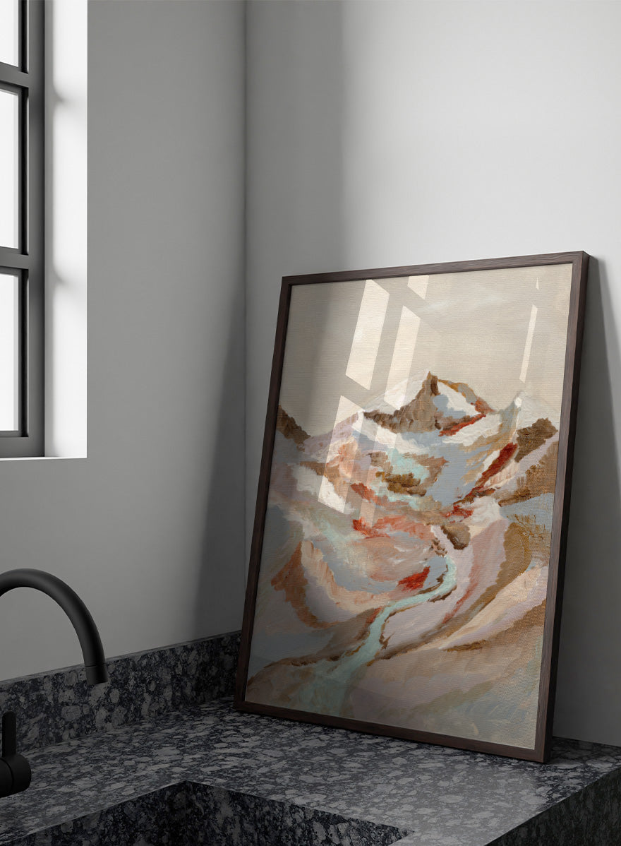 An abstract landscape painting of a snow-capped mountain range with a winding pale blue river, rendered in textured brushstrokes of beige, brown, gray, and muted red tones. Shop Painted Mountain River by Nikita Jariwala, a mountain landscape wall art print poster featuring a winding river, snowy peaks, and soft blue tones.