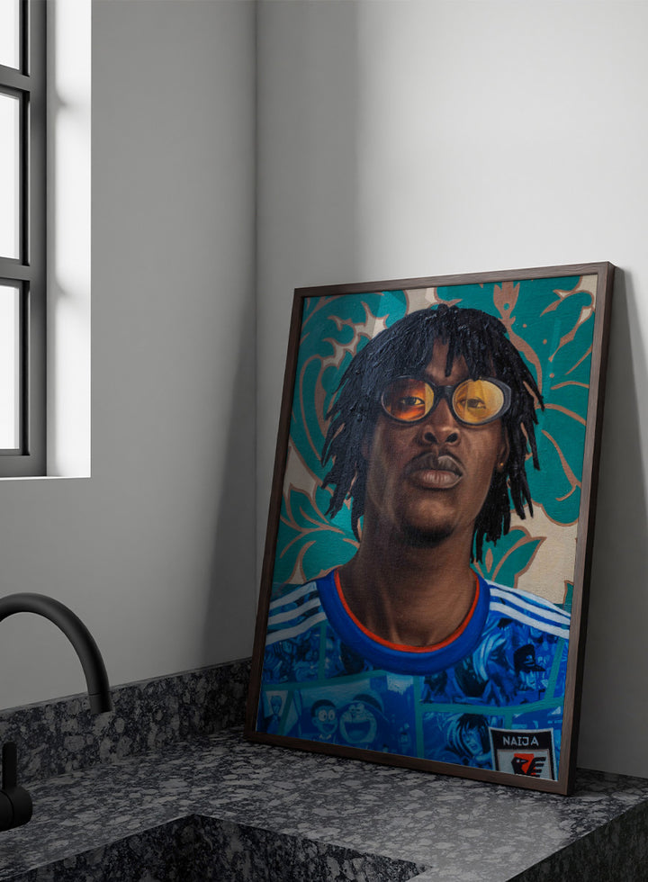 A portrait painting of a Black man with dreadlocks and round glasses, wearing a blue patterned shirt with white stripes and a red collar, set against a teal and beige floral background. Shop Stylish Man in Anime Jersey by Damilare Jamiu, a contemporary portrait art print blending anime fashion, bold blue color, amber glasses, and ornate pattern.