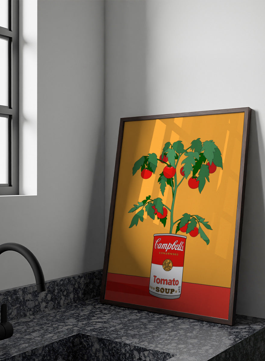 A stylized pop-art illustration of a tomato plant growing out of a Campbell&
