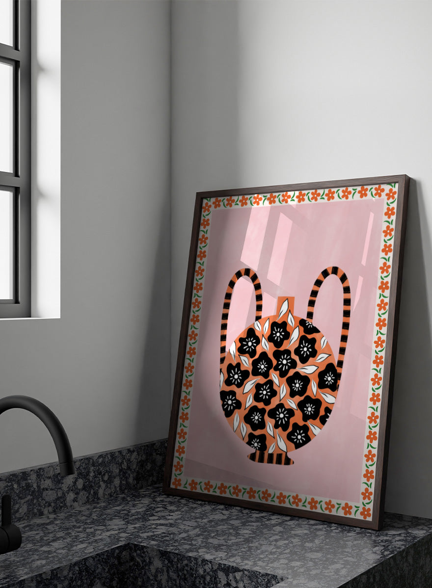 Shop Orange Floral Vase by Elena Ristova, a colorful floral wall art print poster featuring black flowers, striped handles, pink, orange, green, and folk-inspired details.