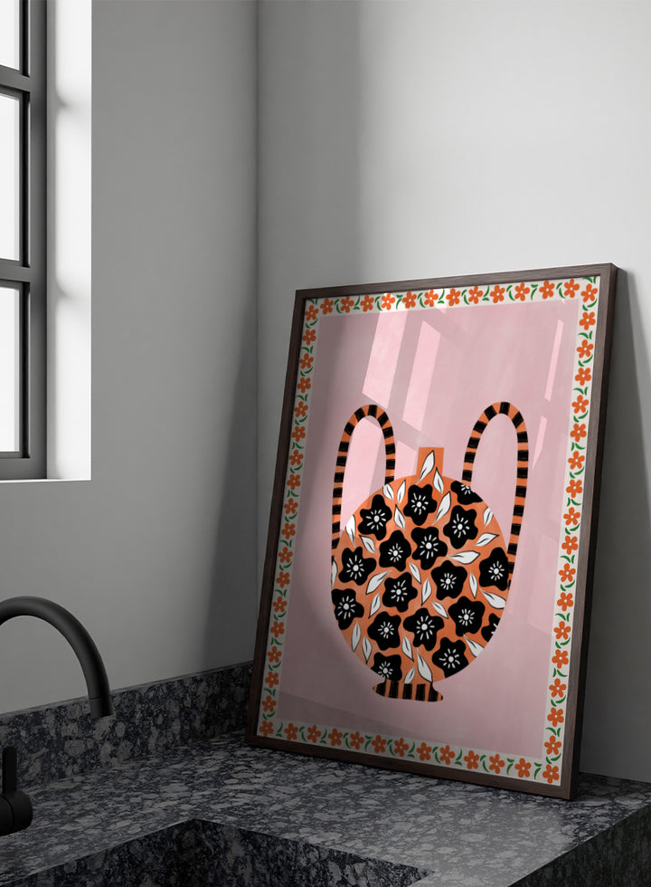 Shop Orange Floral Vase by Elena Ristova, a colorful floral wall art print poster featuring black flowers, striped handles, pink, orange, green, and folk-inspired details.