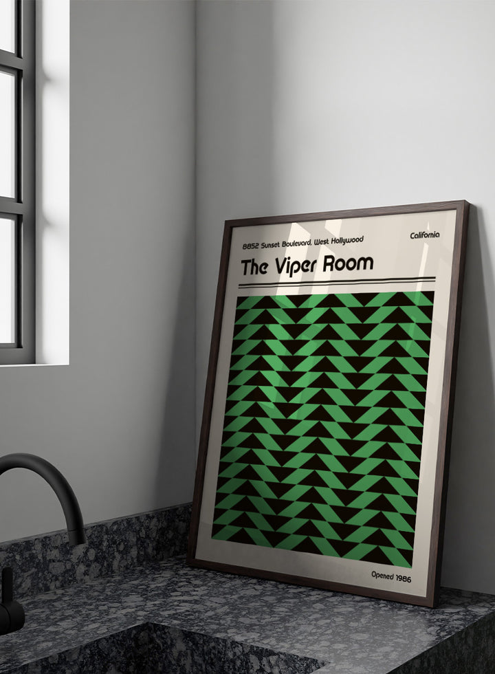 A poster-style graphic for The Viper Room, showing a cream background with black text reading the venue name and address, plus a large central green-and-black geometric pattern of repeating triangles. &