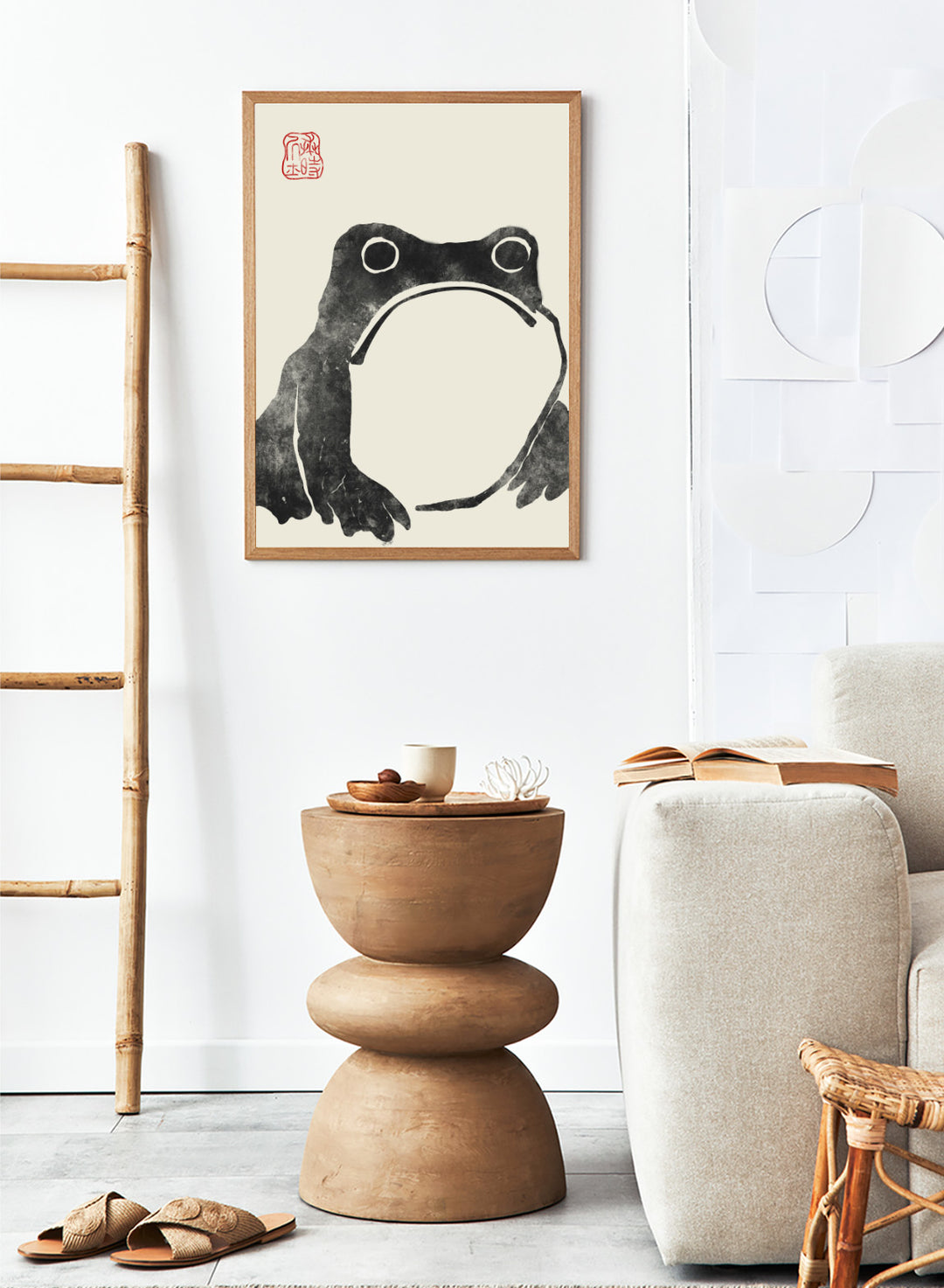 Inspired by Matsumoto Hoji 松本奉時 woodblock frog illustration, this Japanese poster art print showcases illustration of angry toad against beige background. Featuring a abstract black and beige frog drawing, this Japani vintage exhibition poster by Matsumoto Hoji is perfect for any boho, retro, minimalist, or Japani space.