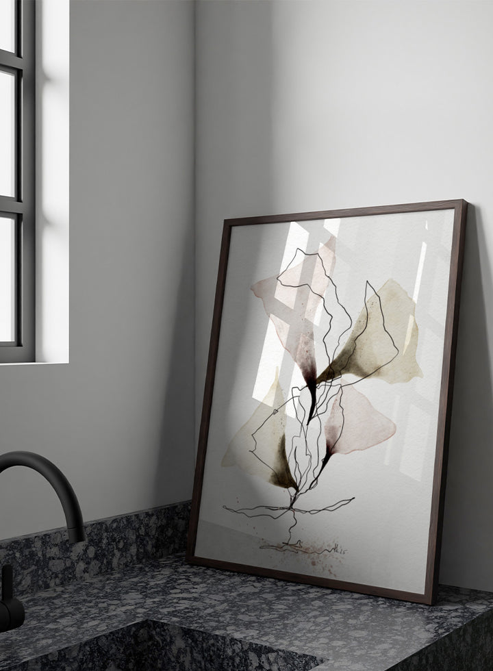 Abstract watercolor and ink botanical art print featuring soft beige, brown, and dusty rose watercolor shapes with fine black line work on textured white paper. Shop Abstract Botanical Flow by Ankie Kooi, a botanical wall art print poster with abstract watercolor leaves, floral line art, pink, green, cream, and black.