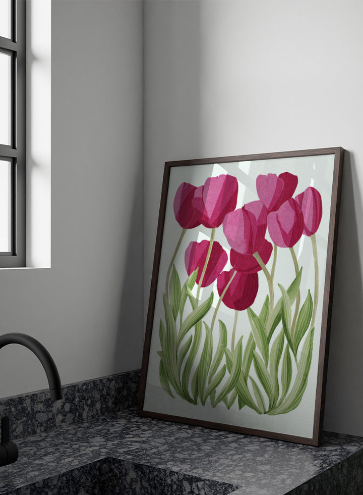 A stylized floral illustration of pink tulips with green leaves on a white background. Shop Tulips Floral Art Print by Katie O&