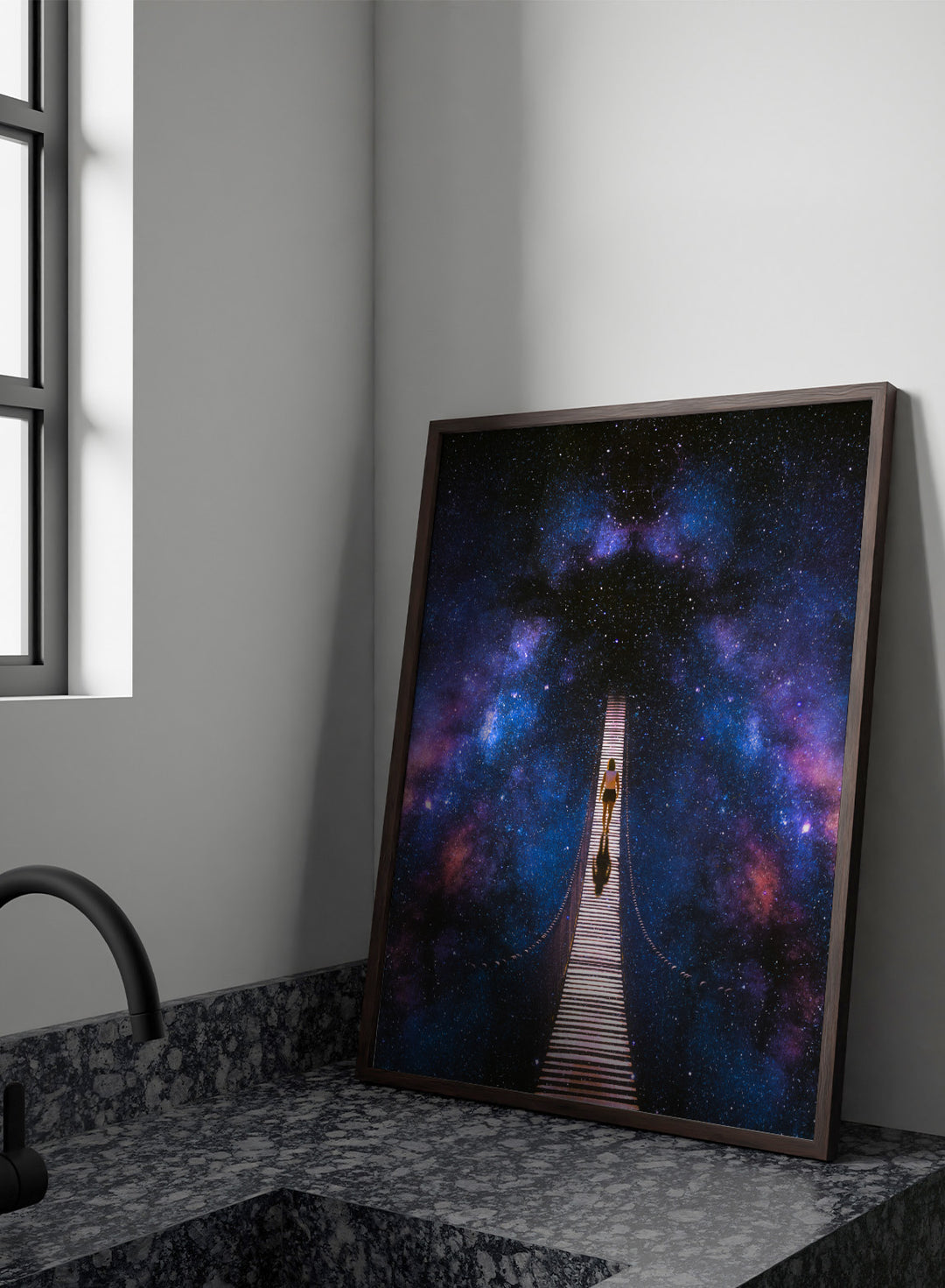 Person standing on a bridge stretching into space with a starry background. Infinity by Taudalpoi surreal cosmic bridge art print with lone figure walking through galaxy starscape, retro sci fi collage poster wall art.