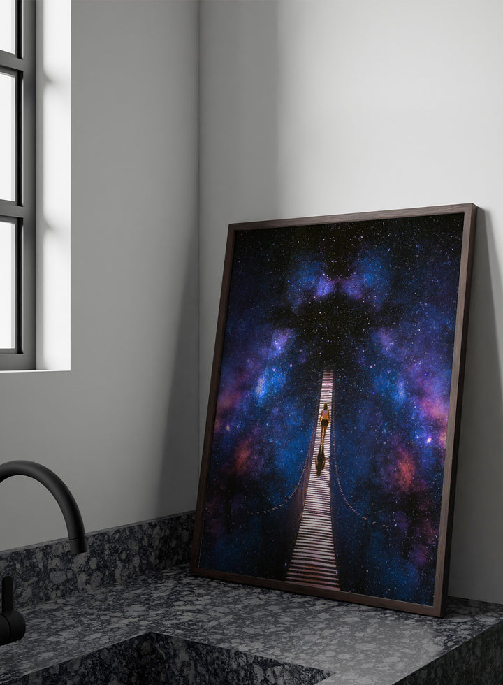 Person standing on a bridge stretching into space with a starry background. Infinity by Taudalpoi surreal cosmic bridge art print with lone figure walking through galaxy starscape, retro sci fi collage poster wall art.