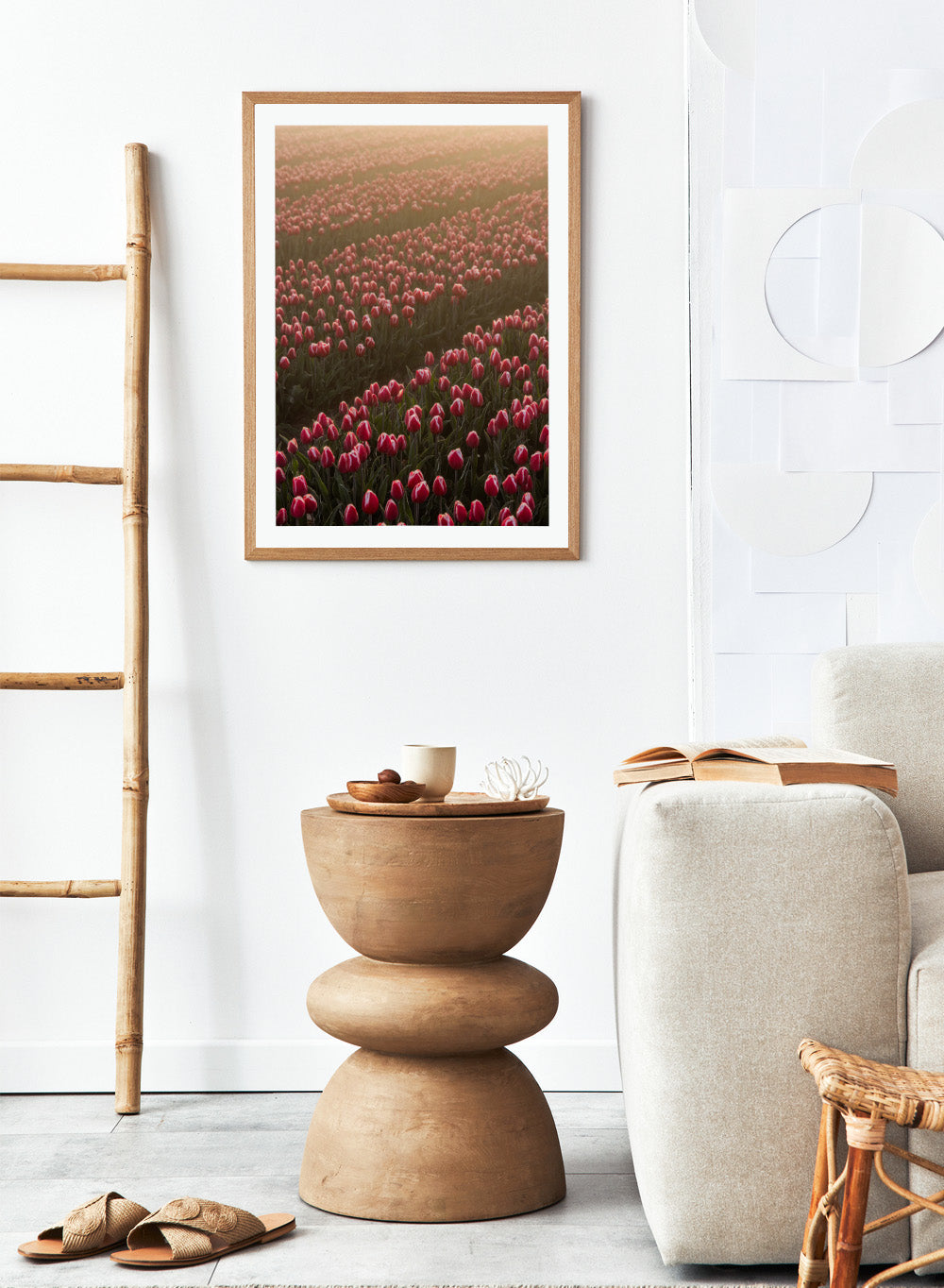 Field of pink tulips with a soft glow, likely from sunset or sunrise. Field of Flowers Art Print by Mareike Böhmer. Floral wall art photography featuring pink tulips. Officially licensed fine art print by German photographer Mareike Böhmer.