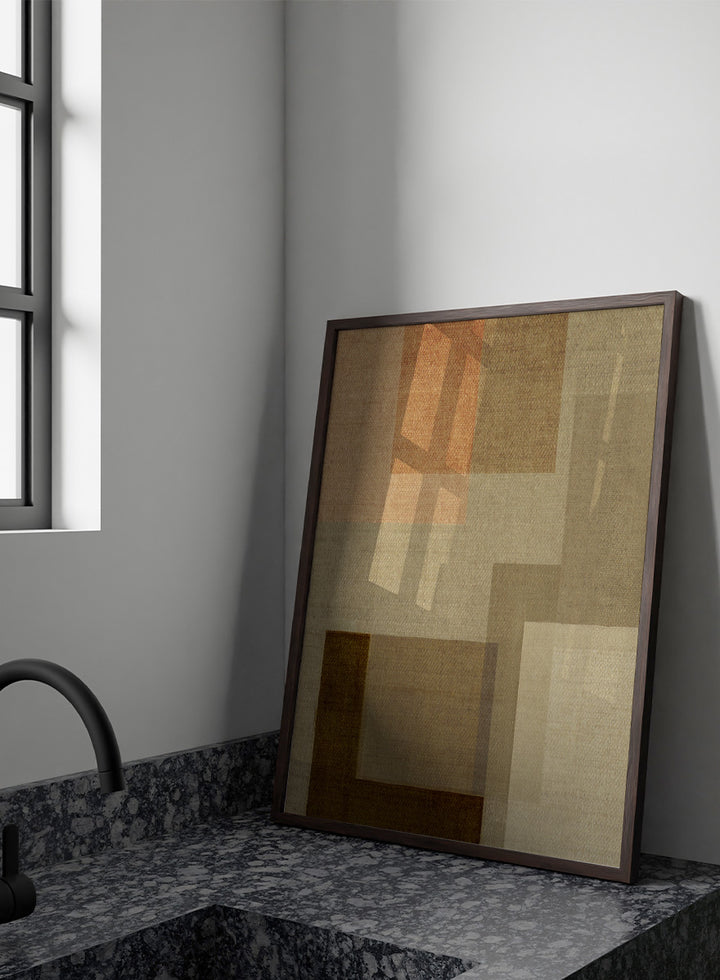 An abstract geometric area rug with a textured linen-like weave, featuring overlapping rectangles in shades of beige, brown, tan, and a muted peach-pink. Shop Muted Geometric Layers by Dan Hobday, a neutral abstract art print featuring layered geometric forms, soft earthy tones, and subtle woven texture.