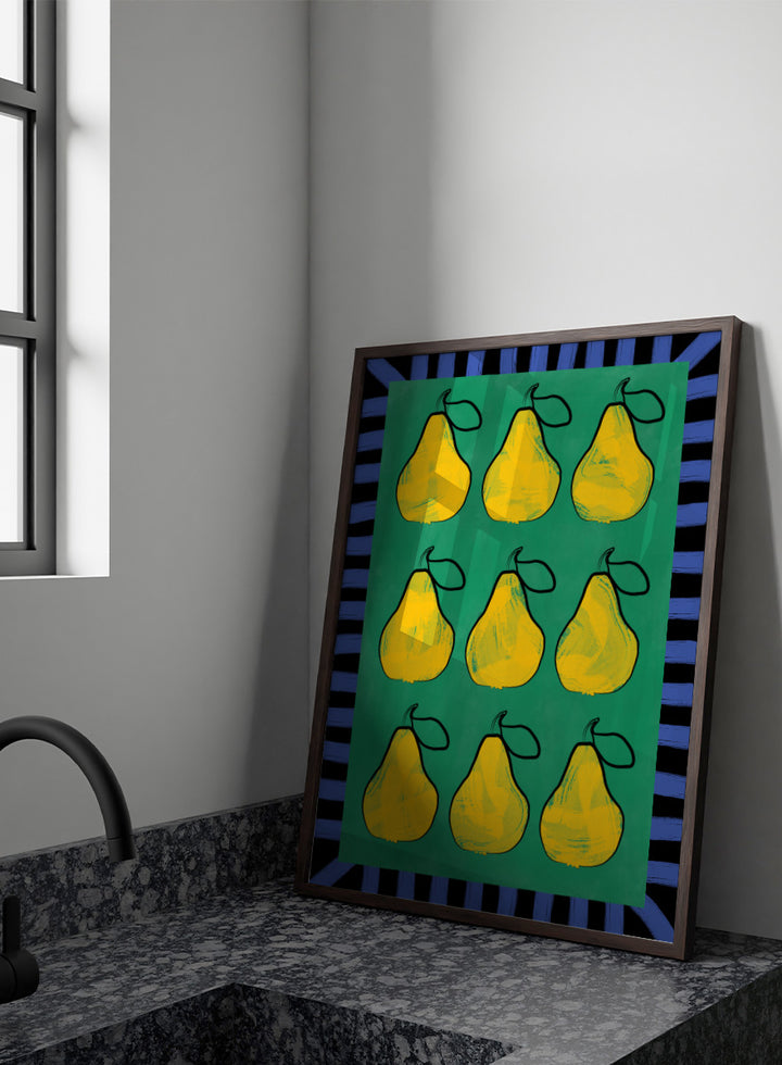 Shop Vibrant Pears Grid by Elena Ristova, a colorful pear wall art print poster in yellow, green, and blue with a bold graphic grid design.
