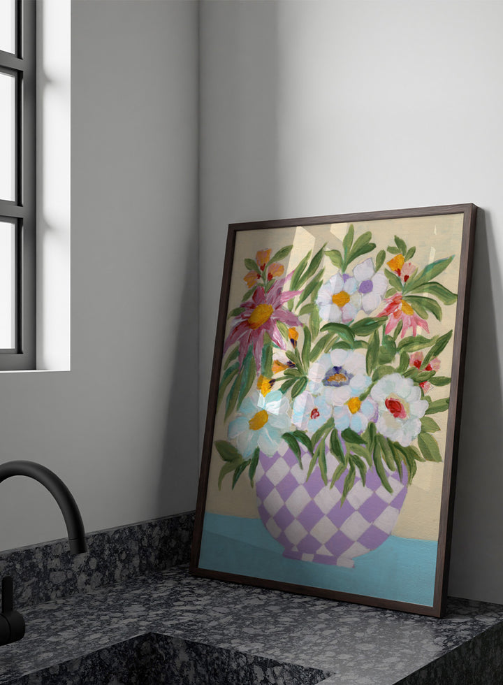 Shop Cheerful Flower Bouquet by Nikita Jariwala, a floral wall art print poster featuring a colorful flower arrangement in a purple checkered vase.