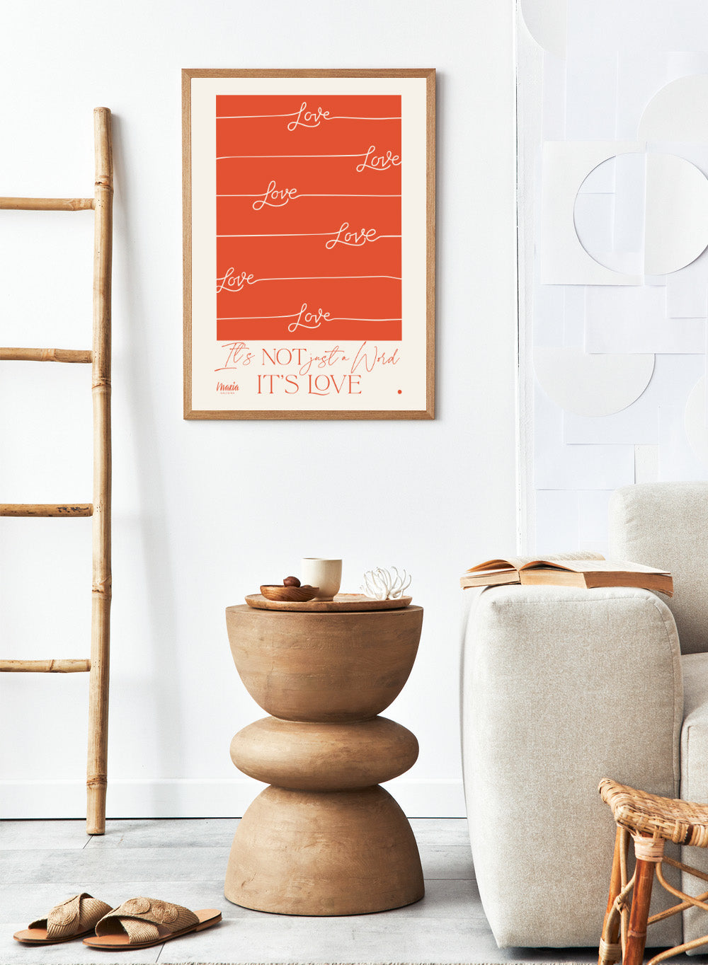 Red poster with 'Love' text and a quote on an orange background. About Love. One Word by Maria Galybina features bold typography and warm coral tones. Modern love quote art print and contemporary wall poster.