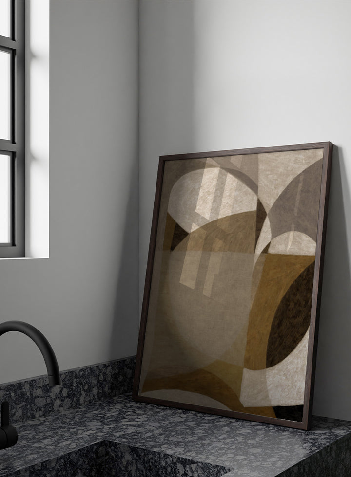 An abstract geometric area rug featuring overlapping organic shapes in shades of taupe, beige, brown, and charcoal gray. Shop Earthy Abstract Shapes by Dan Hobday, a neutral abstract art print featuring layered organic forms, warm earthy tones, and soft textured detail.