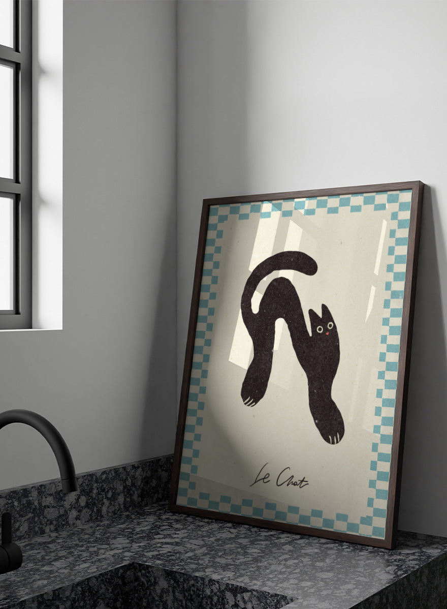 Shop Le Chat No.02 by NKTN, a playful black cat wall art print poster featuring a stretched cat, checkerboard border, and quirky vintage-inspired style.