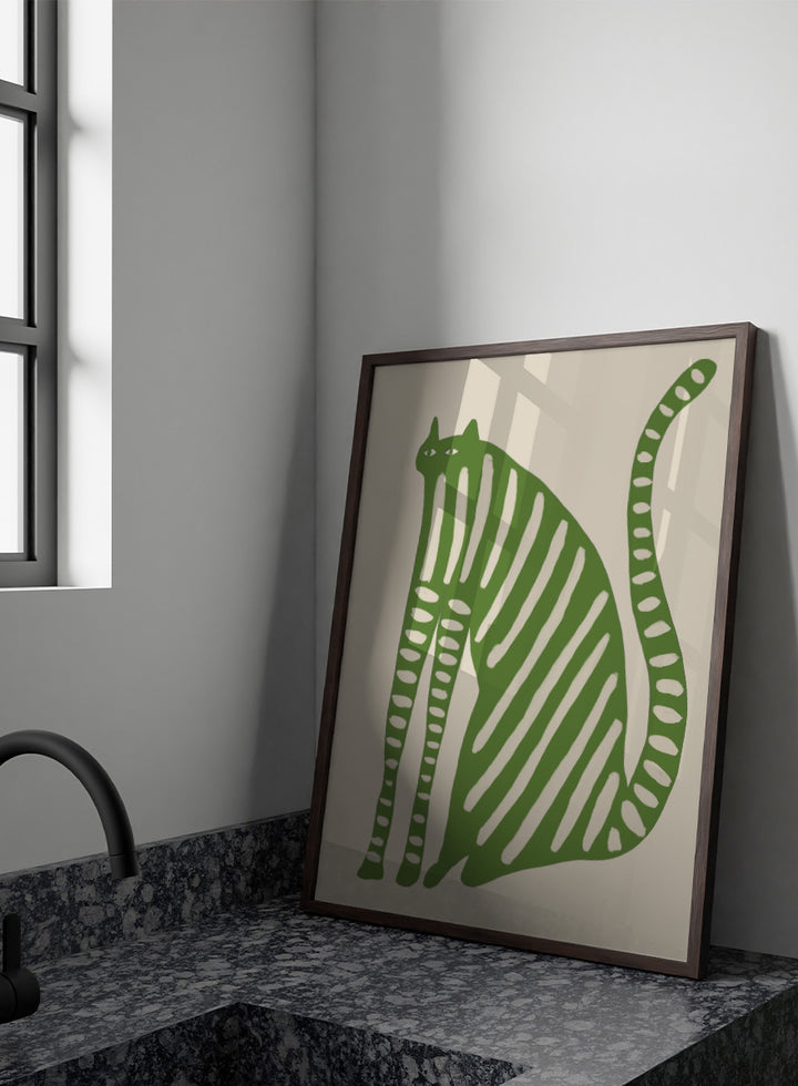 A stylized green cat illustration with vertical cream stripes and dotted details on a beige background. Playful Green Striped Cat by The Art Concept cat art print featuring an elongated green cat with cream stripes, long legs, and an oversized curved tail.