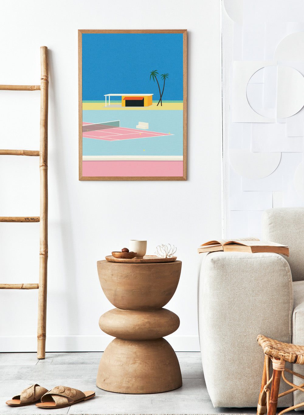 Simplified illustration of a tennis court with a small building and palm trees against a blue sky. Tennis By the Beach by Rosi Feist is a minimalist modern art print of a tennis court beside beach and palm trees. Officially licensed fine art poster with framing.