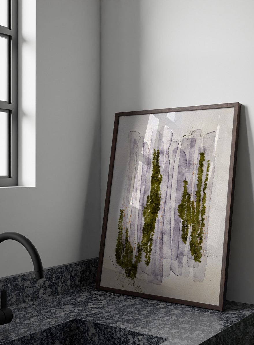Shop Mossy Forest Abstract by Ankie Kooi, an abstract forest wall art print poster with watercolor trees, woodland art, green, purple, and cream.