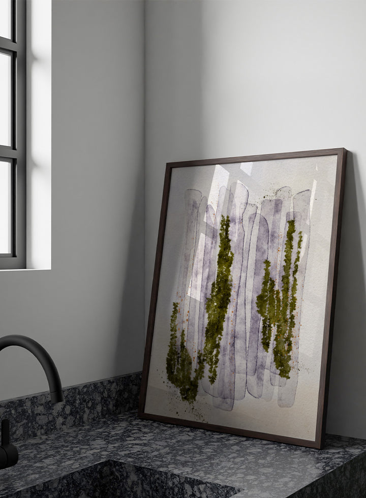 Shop Mossy Forest Abstract by Ankie Kooi, an abstract forest wall art print poster with watercolor trees, woodland art, green, purple, and cream.