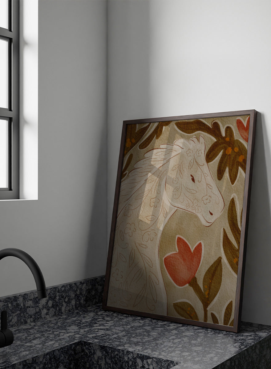 A close-up of a decorative textile or rug pattern featuring a stylized horse head in cream with floral line details, surrounded by brown leaves and a red flower on a beige background. Shop Elegant Floral Horse by Nikita Jariwala, a decorative horse wall art print featuring botanical details, folk-inspired pattern, and warm earthy neutral tones.