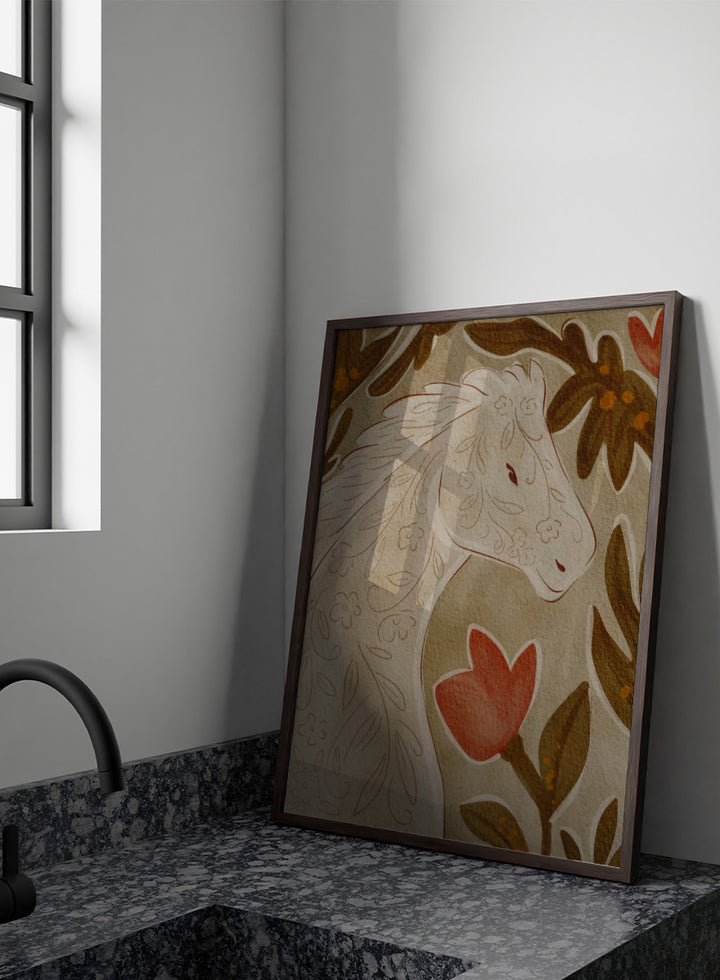 A close-up of a decorative textile or rug pattern featuring a stylized horse head in cream with floral line details, surrounded by brown leaves and a red flower on a beige background. Shop Elegant Floral Horse by Nikita Jariwala, a decorative horse wall art print featuring botanical details, folk-inspired pattern, and warm earthy neutral tones.