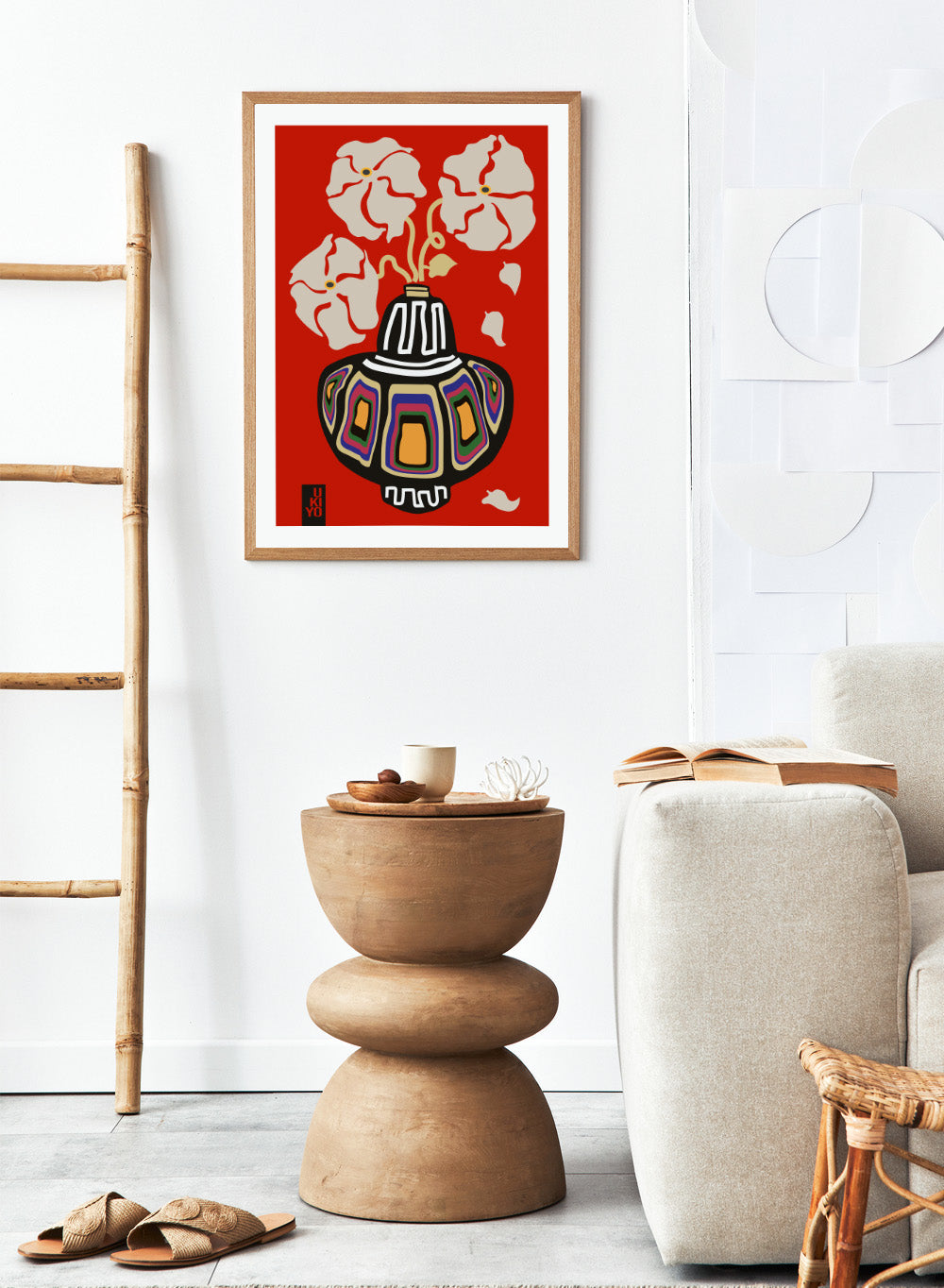 Decorative vase with colorful patterns on a red background. Ukiyo Vase Flower Rainbow Red by Frances Collett art print featuring a colorful patterned vase with cream flowers on a red background. Officially licensed wall poster with optional framing.