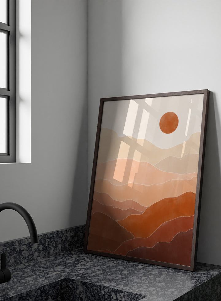 Shop Warm Desert Layers by Elena Ristova, a modern desert wall art print poster featuring layered hills, a terracotta sun, and warm peach, rust, and brown tones.