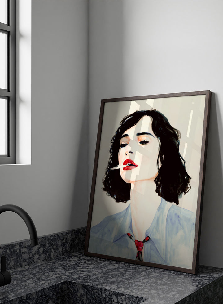 Shop Chic Woman with Cigarette by Sophia Novosel, a modern female portrait wall art print poster featuring dark hair, red lips, a blue shirt, and bold fashion styling.