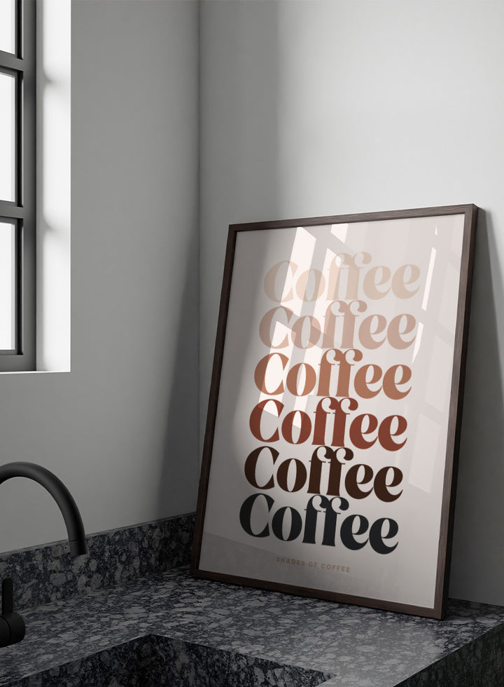 Shop Coffee Color Palette by Dominique Vari, a retro typography wall art print poster featuring layered coffee lettering in cream, beige, caramel, brown, and black.