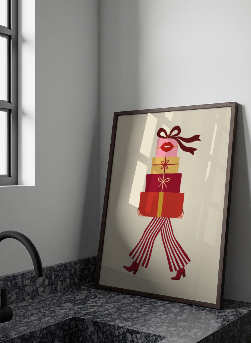 Shop Fashionable Gift Shopping by Dominique Vari, a festive fashion wall art print poster featuring stacked presents, striped trousers, red boots, and retro holiday colors.