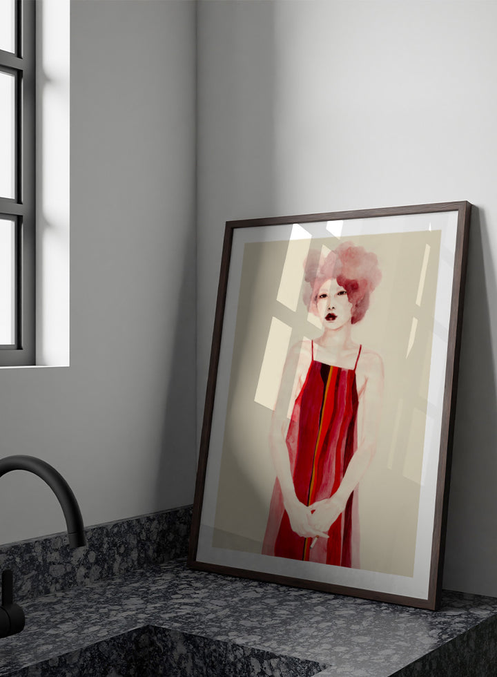 Shop Red Dress Portrait by Sophia Novosel, a modern female portrait wall art print poster featuring a woman in a red striped dress with soft pink hair.