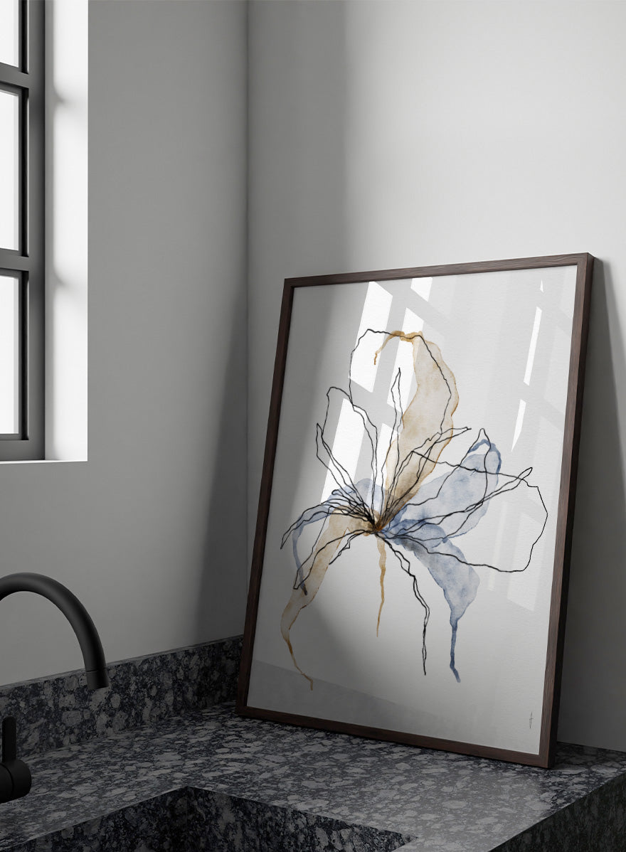 Shop Delicate Blush Botanicals by Ankie Kooi, an abstract floral wall art print poster with watercolor flower art, botanical linework, blue, brown, and cream.