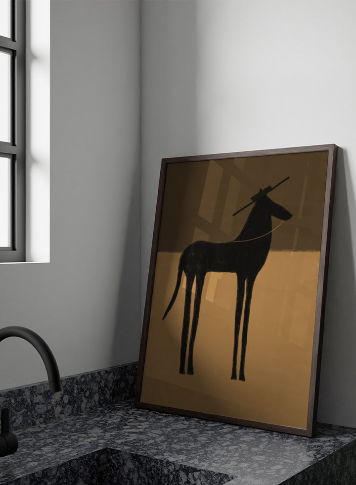 A minimalist art print featuring a black silhouette of a long-legged animal, possibly a zebra or antelope, standing against a two-tone brown background. The Unspoken Story by The Art Concept animal art print featuring a tall black horse in a wide hat against warm brown and sand tones.