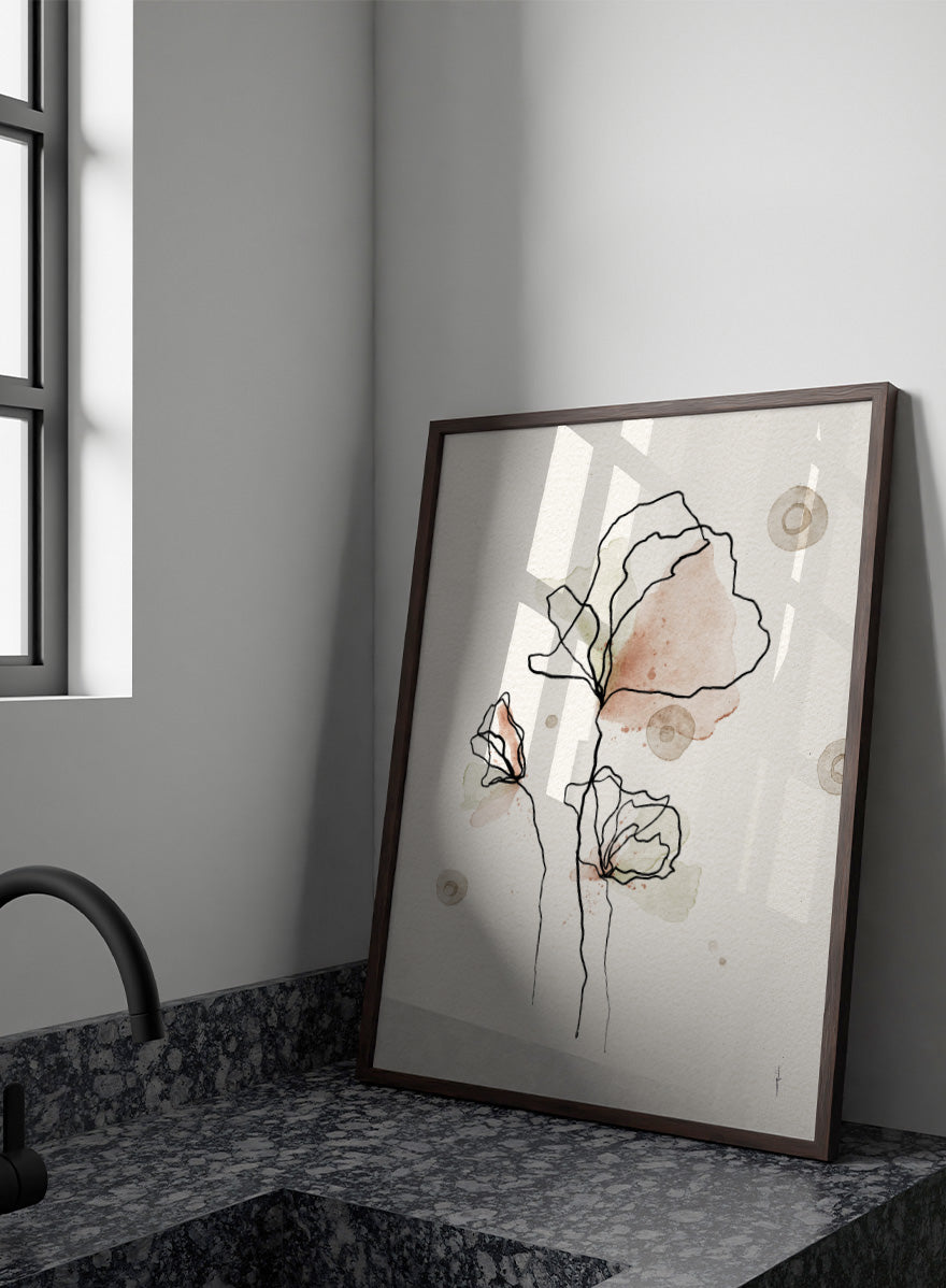 Shop Abstract Watercolor Flowers by Ankie Kooi, a floral wall art print poster with blush pink blooms, black linework, pale green washes, and soft botanical detail.