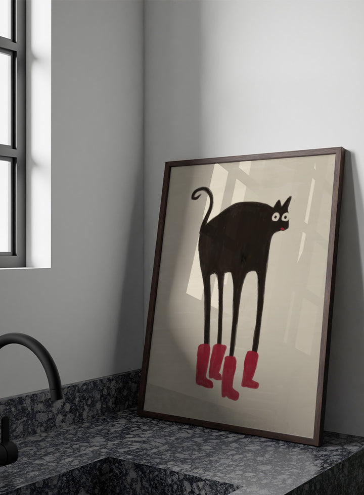 A stylized black cat with long legs wearing bright pink boots, centered on a warm beige background. Funny Black Cat Boots by The Art Concept playful cat art print featuring a long-legged black cat in red boots with a quirky hand-drawn look.