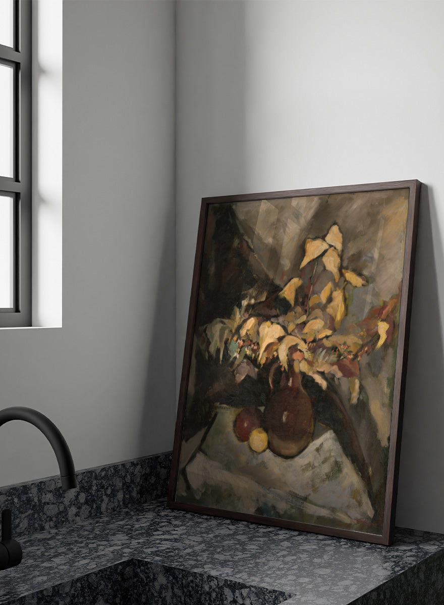 Shop Autumn Still Life by Zolo Palugyay, a vintage still life wall art print poster featuring autumn leaves, fruit, and flowers in warm brown tones.