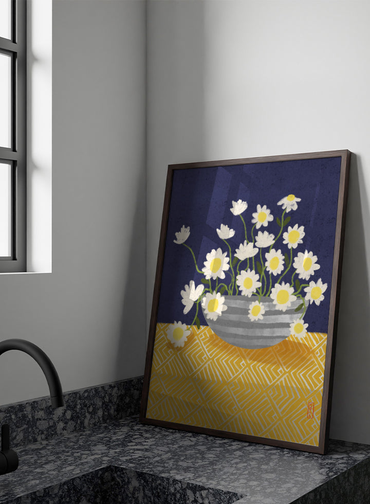 A stylized floral still life artwork showing white daisies with yellow centers in a gray striped bowl, set against a dark navy background and a yellow patterned surface. Shop Cheerful Daisy Arrangement by Dirkie Nell, a colorful floral art print featuring white daisies, a striped vase, navy blue background, and mustard yellow pattern.