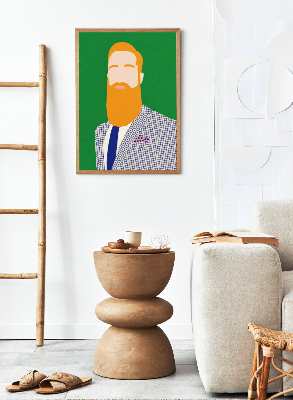 Illustration of a man with a beard wearing a checkered jacket and blue tie on a green background. Men From Barber Shop by Rosi Feist is a bold minimalist portrait art print with modern pop color, Bauhaus design, officially licensed fine art poster.
