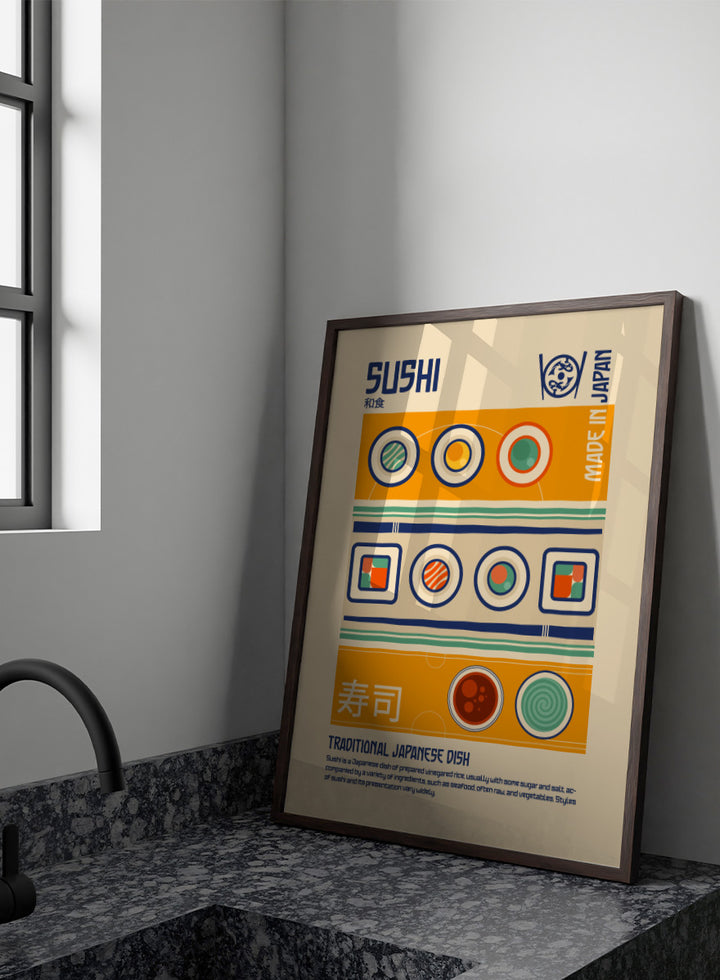 A retro-style graphic poster of Sushi, featuring Japanese-inspired geometric patterns, sushi illustrations, and descriptive text on a beige background. Sushi Japanese Food Print by Retrodrome retro kitchen art featuring sushi rolls, soy sauce, geometric shapes, and bold Japanese-inspired graphic design.