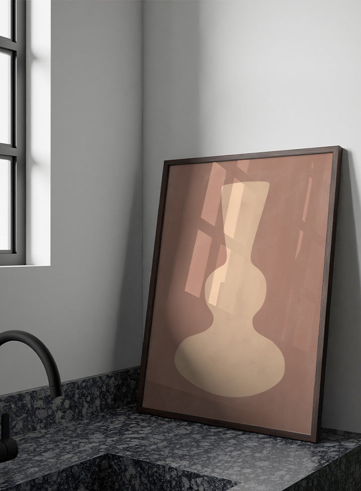 Shop Earthy Abstract Vase by Elena Ristova, a modern minimalist wall art print poster featuring a sculptural cream vase on a warm dusty brown background.
