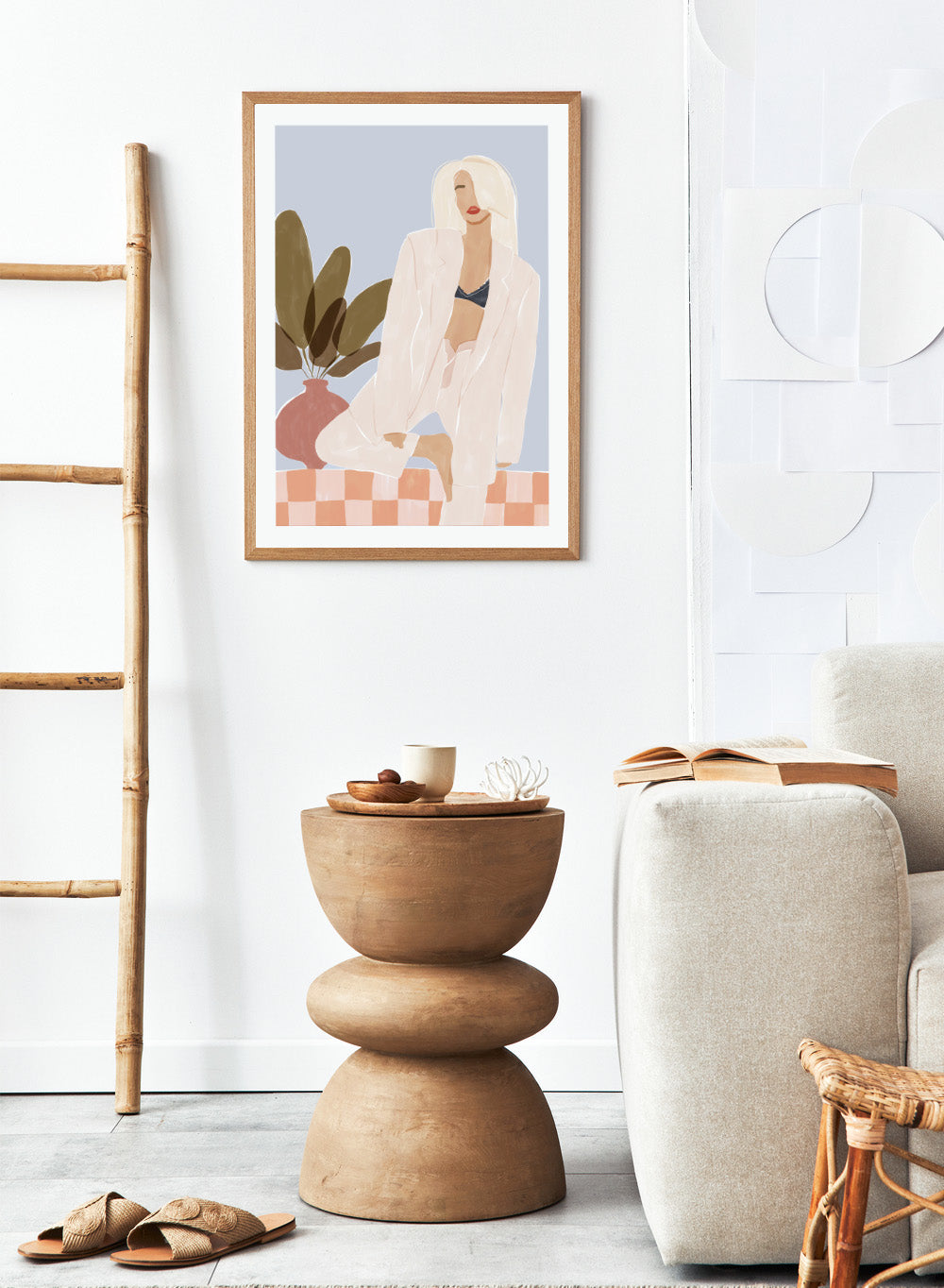Too Lazy To Yoga by Ivy Green is a contemporary illustration art print featuring a relaxed woman in a minimalist interior. Premium fine art print with real wood framing.