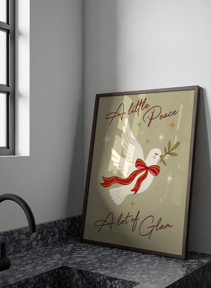 Shop Peace And Glam Dove by Dominique Vari, a festive dove wall art print poster featuring a red bow, olive branch, retro stars, and playful holiday typography.
