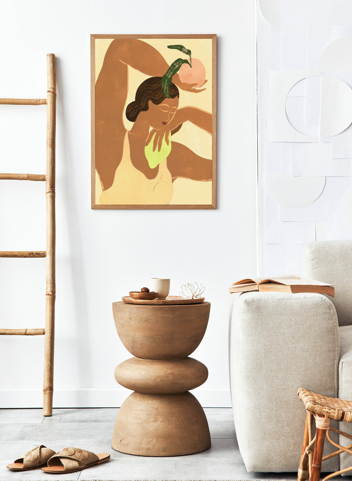 Artistic depiction of a woman with abstract elements on a beige background. Lemon Apple by Arty Guava art print, modern woman and fruit illustration, contemporary aesthetic wall poster in warm yellow and soft green tones.