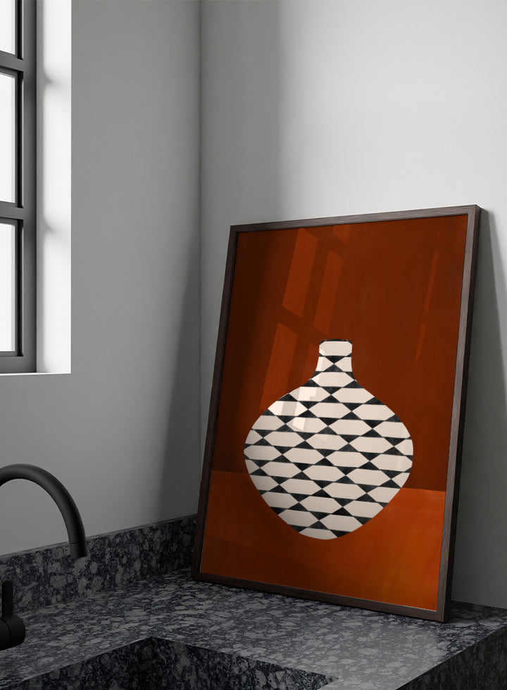 Shop Modern Geometric Vase by Elena Ristova, a modern wall art print poster featuring a black-and-cream patterned vase against a rich rust background.